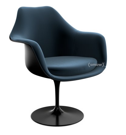 Saarinen Tulip Armlehnstuhl, nicht drehbar, gepolsterte Innenschale und Sitzkissen, schwarz, Night Blue (Eva 170)