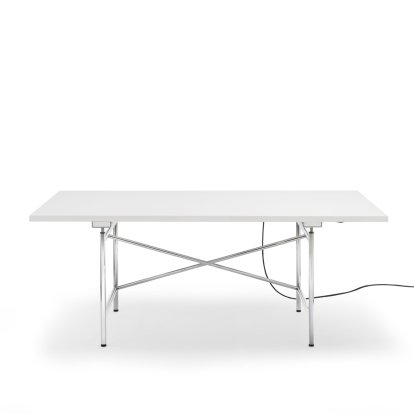 Eiermann 1 Tisch E (Elektrische Höhenverstellung), Melamin weiß mit weißer Kante, 180 x 90 cm, Chrom, Ohne Kabelkanal