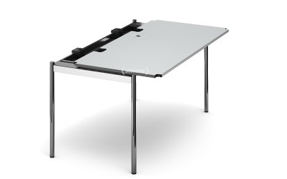 USM Haller Tisch Advanced, 150 x 75 cm, 02-Kunstharz perlgrau, Klappe rechts