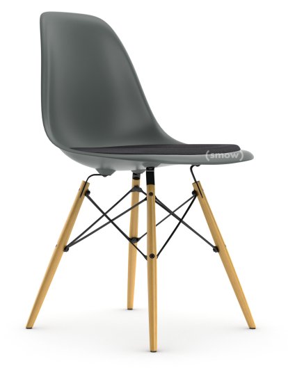 Eames Plastic Side Chair DSW, Granitgrau, Mit Sitzpolster, Dunkelgrau, Standardhöhe - 43 cm, Esche honigfarben