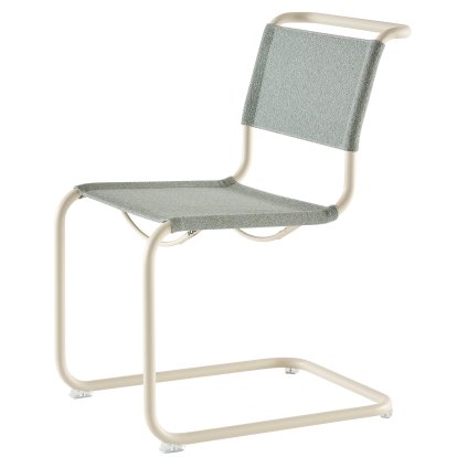 Details Thonet S 33 / S 34 V Stoff Freischwinger S 33 / S 34 V Stoff Freischwinger, ohne Armlehnen, Perlweiß matt pulverbeschichtet, Stoff Cento ray - hellblau, Kunststoffgleiter transparent mit Filz