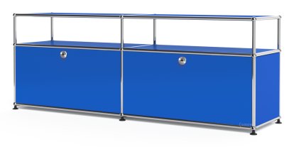 USM Haller Lowboard L mit Aufbau, individualisierbar, Enzianblau RAL 5010, Mit 2 Klappen, Mit Kabeldurchlass oben mittig
