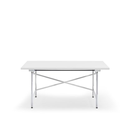 Eiermann 1 Tisch M (Mechanische Höhenverstellung), Melamin weiß mit weißer Kante, 140 x 80 cm, Chrom