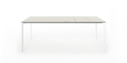 Maki Esstisch, L 139-214 x B 90 cm, Laminat sandgrau, Aluminium weiß lackiert