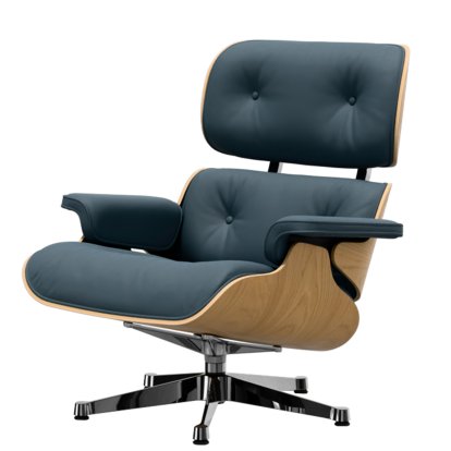 Eames Lounge Chair, Kastanie natur, Leder Premium F rauchblau, 84 cm - Originalhöhe 1956, Aluminium poliert