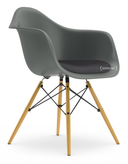 Eames Plastic Armchair RE DAW, Granitgrau, Mit Sitzpolster, Dunkelgrau, Standardhöhe - 43 cm, Ahorn gelblich