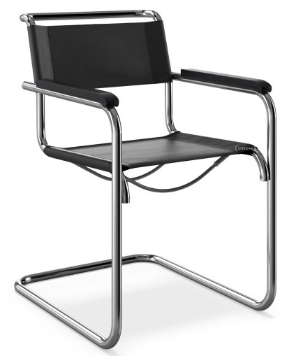 S 33 / S 34 Freischwinger, mit Armlehnen Buche gebeizt schwarz, Kernleder, schwarz, Kunststoffgleiter schwarz mit Filz