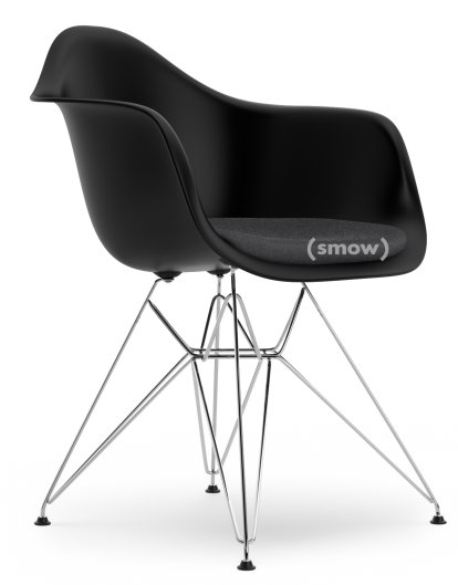 Eames Plastic Armchair RE DAR, Tiefschwarz, Mit Sitzpolster, Dunkelgrau, Standardhöhe - 43 cm, Verchromt