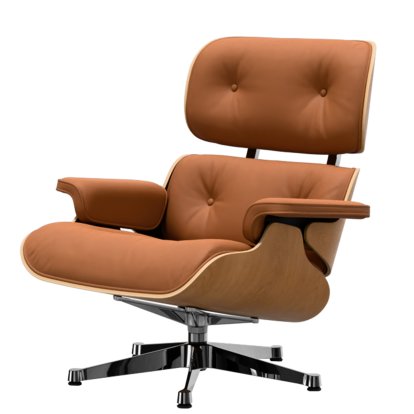 Eames Lounge Chair, Kirsche natur, Leder Premium F cognac, 84 cm - Originalhöhe 1956, Aluminium poliert