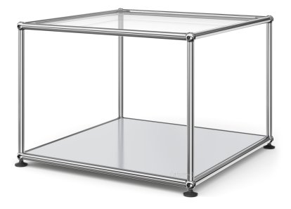 USM Haller Beistelltisch 50, Oben Glas, unten Metall, Lichtgrau RAL 7035