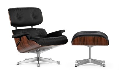 Lounge Chair & Ottoman, Santos Palisander, Leder Premium F nero, 84 cm - Originalhöhe 1956, Aluminium poliert