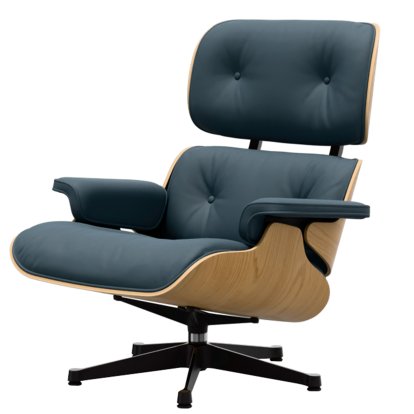 Eames Lounge Chair, Kastanie natur, Leder Premium F rauchblau, 89 cm, Aluminium poliert, Seiten schwarz