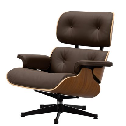 Eames Lounge Chair, Nussbaum natur, Leder Premium F kastanie, 84 cm - Originalhöhe 1956, Aluminium poliert, Seiten schwarz