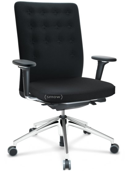 ID Trim, Mit Lumbalstütze, FlowMotion-mit Vorwärtsneigung, mit Sitztiefenverstellung, Mit 3D-Armlehnen, 5-Stern Untergestell, Aluminium poliert, Sitz und Rücken Plano, Nero, Hart für Teppichboden