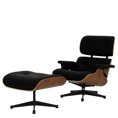 Lounge Chair & Ottoman, Nussbaum schwarz pigmentiert, Leder Premium F nero, 84 cm - Originalhöhe 1956, Aluminium poliert, Seiten schwarz