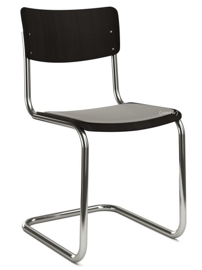 S 43 Klassik Freischwinger, Gestell verchromt, Buche gebeizt, Schwarz (TP 29), Sitzauflage hellgrau meliert, gepolstert, Kunststoffgleiter schwarz mit Filz