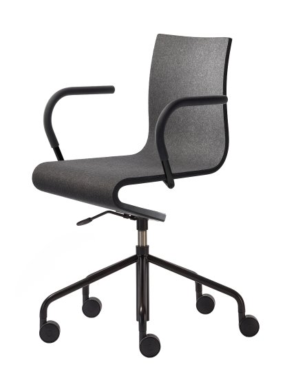 Arbeitsstuhl Seesaw, Schwarz, mit Gasfeder, Mit Armlehnen, farbgleich Untergestell, Esche schwarz mit Filz anthrazit