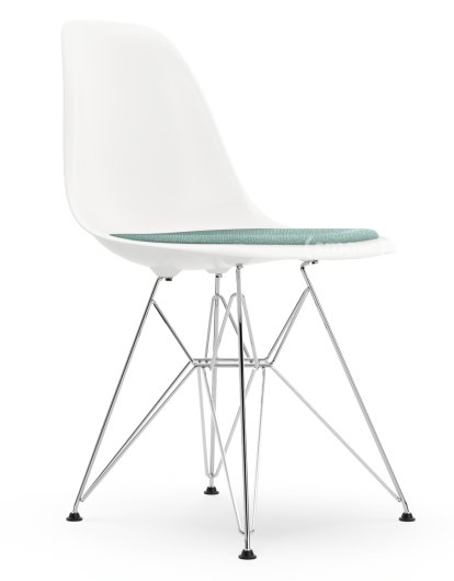 Eames Plastic Side Chair DSR, Weiß RE, Mit Sitzpolster, Eisblau / elfenbein, Standardhöhe - 43 cm, Verchromt