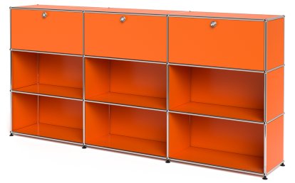 USM Haller Highboard XL, individualisierbar, Reinorange RAL 2004, Mit 3 Klappen, Offen, Offen