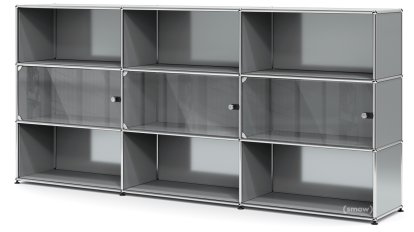 USM Haller Highboard XL mit 3 Glastüren, mit Schlossgriff, Mittelgrau RAL 7005
