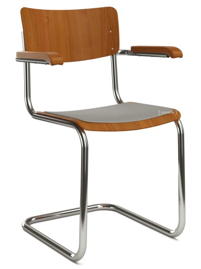 S 43 F Klassik Freischwinger, Gestell verchromt, Buche gebeizt, Kirschbaumfarbig, Sitzauflage hellgrau meliert, ungepolstert, Ohne Gleiter