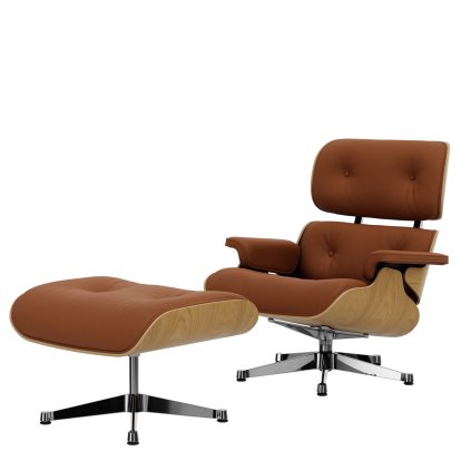 Lounge Chair & Ottoman, Kastanie natur, Leder Premium F cognac, 84 cm - Originalhöhe 1956, Aluminium poliert