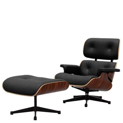 Eames Lounge Chair & Ottoman, Santos Palisander, Leder Premium F nero, 84 cm - Originalhöhe 1956, Aluminium poliert, Seiten schwarz