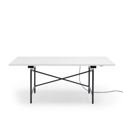 Eiermann 1 Tisch E (Elektrische Höhenverstellung), Melamin weiß mit weißer Kante, 180 x 90 cm, Schwarz, Mit Kabelkanal