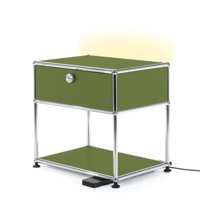 USM Haller E Nachttisch mit dimmbarem Licht, Olivgrün RAL 6003