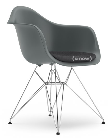 Eames Plastic Armchair RE DAR, Granitgrau, Mit Sitzpolster, Dunkelgrau, Standardhöhe - 43 cm, Verchromt