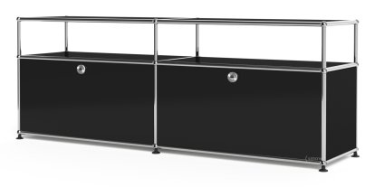 USM Haller Lowboard L mit Aufbau, individualisierbar, Graphitschwarz RAL 9011, Mit 2 Klappen, Mit Kabeldurchlass unten mittig