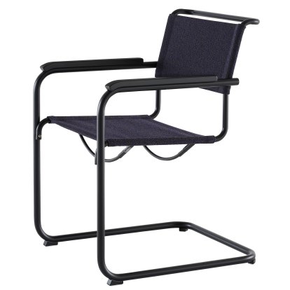 Details Thonet S 33 / S 34 V Stoff Freischwinger S 33 / S 34 V Stoff Freischwinger, mit Armlehnen Buche gebeizt schwarz, Tiefschwarz matt pulverbeschichtet, Stoff Cento deep - dunkelblau, Kunststoffgleiter schwarz mit Filz