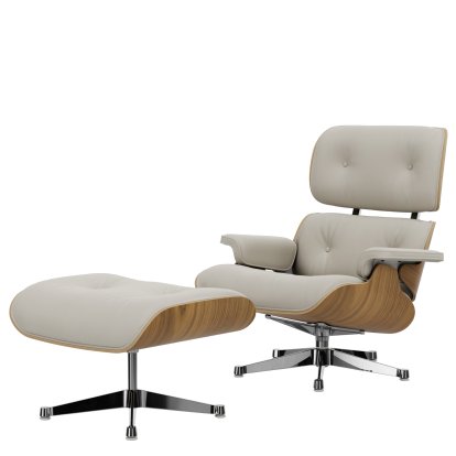 Lounge Chair & Ottoman, Nussbaum weiß pigmentiert, Leder Premium F snow, 89 cm, Aluminium poliert