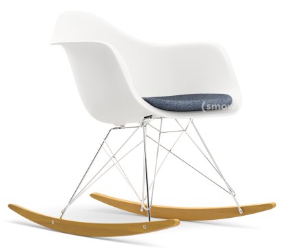 Eames Plastic Armchair RE RAR mit Polsterung, Weiß non-RE, Mit Sitzpolster, Dunkelblau / elfenbein, Ohne Keder, Verchromt/Ahorn gelblich