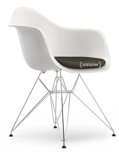 Eames Plastic Armchair RE DAR, Weiß non-RE, Mit Sitzpolster, Warmgrey / moorbraun, Standardhöhe - 43 cm, Verchromt