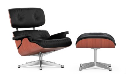 Lounge Chair & Ottoman, Kirschbaum, Leder Premium F nero, 84 cm - Originalhöhe 1956, Aluminium poliert