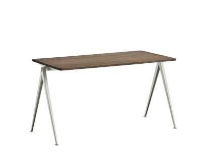 Pyramid Table 01, L 140 x B 65 x H 74 cm, Eiche geräuchert, Stahl pulverbeschichtet beige