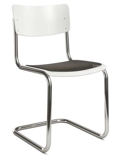 S 43 Klassik Freischwinger, Gestell verchromt, Buche decklackiert, Reinweiß (RAL 9010), Sitzauflage schwarz, ungepolstert, Ohne Gleiter