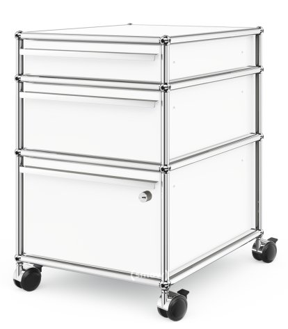 USM Haller Rollcontainer mit 3 Schubladen Typ II (mit Gegengewicht), Unterste Schublade mit Schloss, Reinweiß RAL 9010