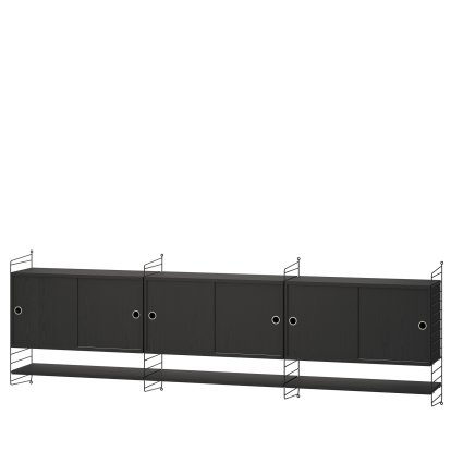 String System Wandregal mit 3 Hängeschränken, Eschefurnier schwarz, Schwarz