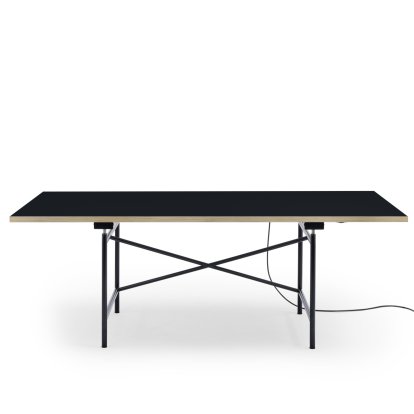Eiermann 1 Tisch E (Elektrische Höhenverstellung), Linoleum schwarz (Forbo 4023) mit Eichekante, 200 x 90 cm, Schwarz, Mit Kabelkanal
