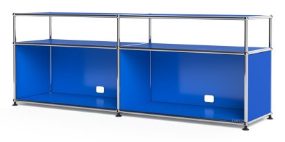 USM Haller Lowboard L mit Aufbau, individualisierbar, Enzianblau RAL 5010, Offen, Mit Kabeldurchlass unten mittig