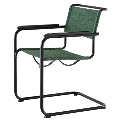 Details Thonet S 33 / S 34 V Stoff Freischwinger S 33 / S 34 V Stoff Freischwinger, mit Armlehnen Buche gebeizt schwarz, Tiefschwarz matt pulverbeschichtet, Stoff Cento malachit - dunkelgrün, Kunststoffgleiter schwarz mit Filz