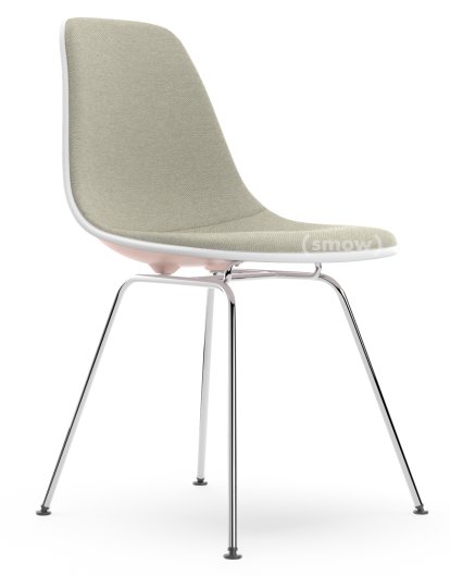 Eames Plastic Side Chair RE DSX, Zartrosé, Mit Vollpolsterung, Warmgrey / elfenbein, Standardhöhe - 43 cm, Verchromt