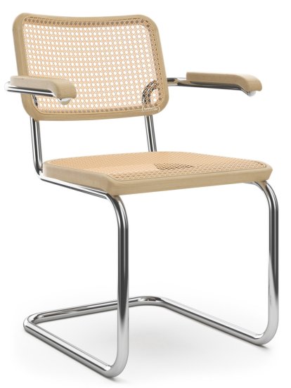 S 32 V / S 64 V Pure Materials Freischwinger, Eiche lackiert, Verchromt, mit Armlehnen, Kunststoffgleiter schwarz mit Filz