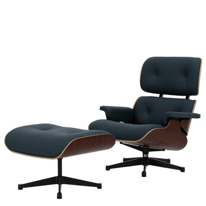 Eames Lounge Chair & Ottoman, Nussbaum dunkel, Leder Premium F rauchblau, 89 cm, Aluminium poliert, Seiten schwarz