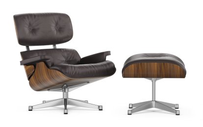 Lounge Chair & Ottoman, Nussbaum schwarz pigmentiert, Leder Premium F chocolate, 89 cm, Aluminium poliert