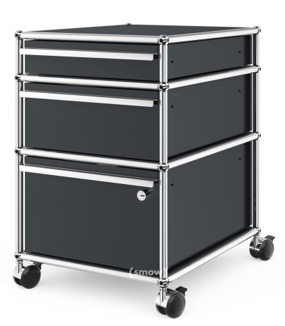 USM Haller Rollcontainer mit 3 Schubladen Typ II (mit Gegengewicht), Unterste Schublade mit Schloss, Anthrazitgrau RAL 7016