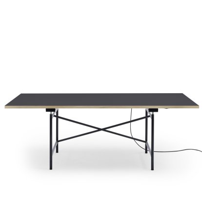 Eiermann 1 Tisch E (Elektrische Höhenverstellung), Linoleum holzkohle (Forbo 4166) mit Eichekante, 200 x 90 cm, Schwarz, Mit Kabelkanal