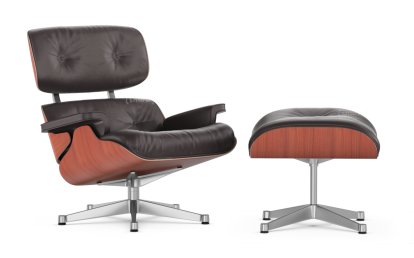 Lounge Chair & Ottoman, Kirschbaum, Leder Premium F chocolate, 84 cm - Originalhöhe 1956, Aluminium poliert